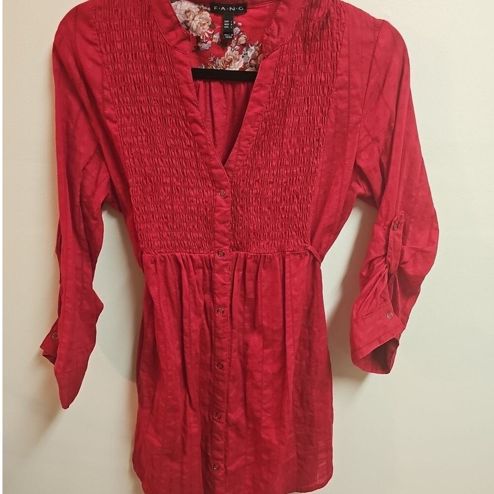 Fang Red 100%‎ Cotton Tunic Drawstring Waist Ruched Top Roll Up Sleeves Size L